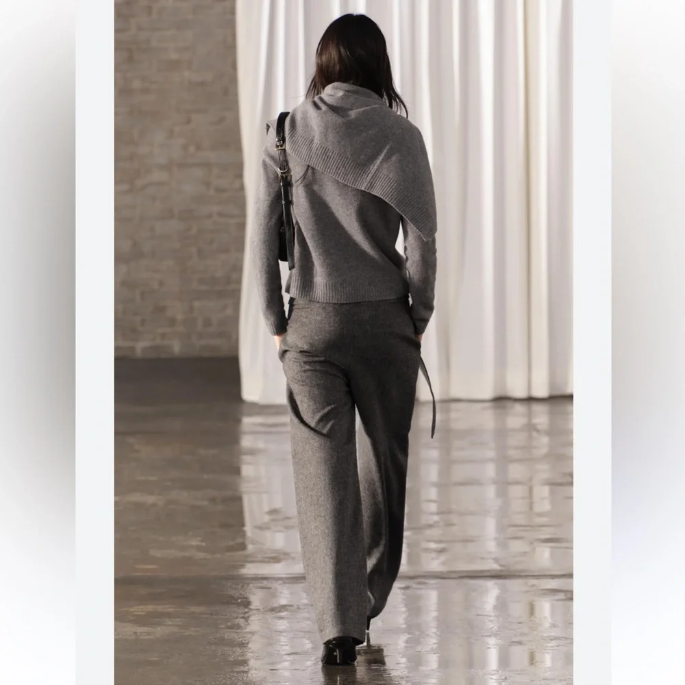 Zara Wool Blend Wide Leg Mid Rise Pants ZW Collection Gray Marl size XS NWT - Picture 7 of 16